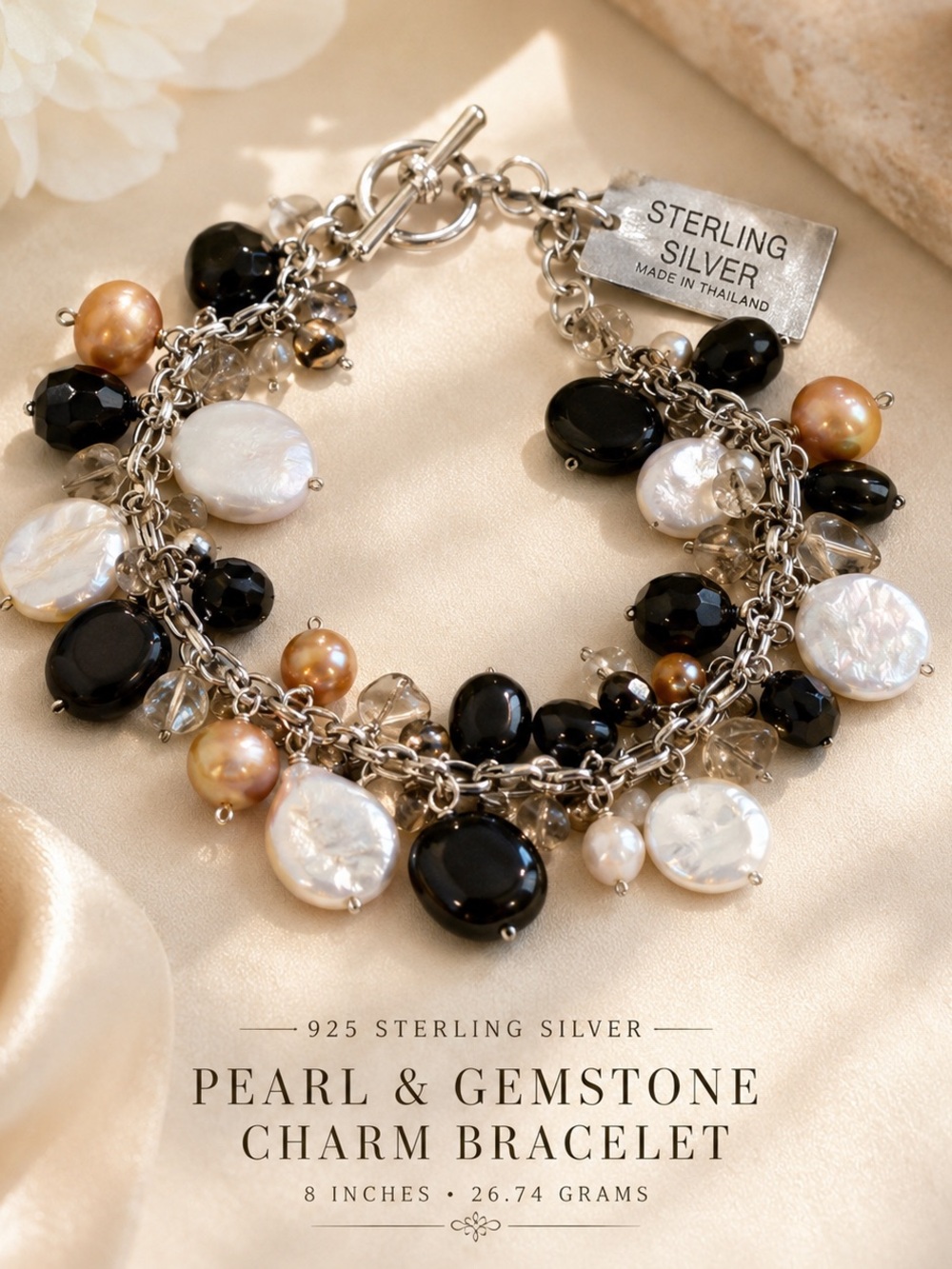 Sterling Silver Pearl & Gemstone Charm Bracelet - Black, White & Gold Tones
